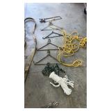 Four deer hanging hooks, new rope tow strap, and