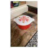 Pyrex covered dish, corning ware, red handled