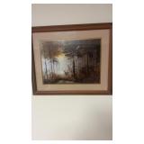 3 framed pictures and a wall clock