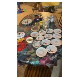 Assorted hand-painted plates, teapot bottle, cap,