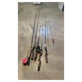 (5) fishing poles with vintage fly rod reel, and