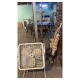 Hall tree,  box fan, and electric broom