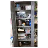 Contents of metal cabinet and metal shelf.