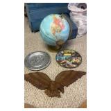 Globe, pewter, bicentennial plate, wooden eagle
