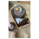 Drill, bits, wire wheels, sanding wheels, staple