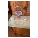 Fenton pink opalescent art glass basket,