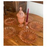 Pink depression glass divided plates and two