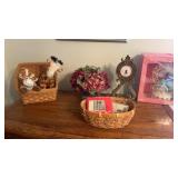 Baskets, vintage ornaments, clock, and plane