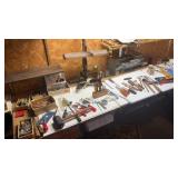 Bench organizer, several tools, some clock,