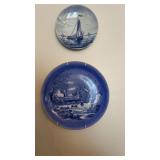 (2) vintage blue and white plates with wall