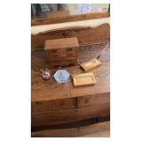 Desktop items, including jewelry box with wind up