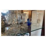 Vintage glassware, including baskets, candle
