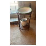 Picture and bowl with carved leg stand. 1 foot on