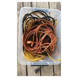 Tote of extension, cords, jumper, cables, and