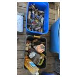 Two totes of WD-40, tiki torch, oil, spray, cans,