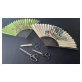 (2) Vintage Oriental Fans, (3) vintage scissors
