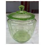 1930s green uranium depression glass cookie jar