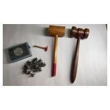 (2) wooden gavels, firefighter ax tie bar,