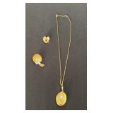 Vintage locket necklace with two matching pins