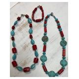 (2) Turquoise beads and red coral cylinder
