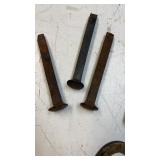 Antique iron railroad spikes (3) ; Wood