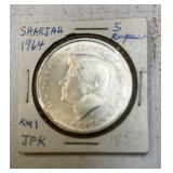 John F Kennedy 1964 Sharjah 5 Rupees silver coin