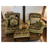 Two Vintage Velvet green print covered Chairs and
