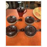 (4) Stoneware soup crocks w/lids, Stoneware mug