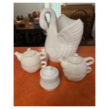 White Swan Vase Planter 13" tall, (2) Tea pot cup