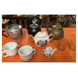 Vintage Tea Pots, Pottery cups, Small glasses,