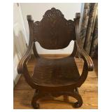 Antique Victorian Wood Carved Saddle Arm Chair