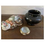 Oriental Ceramic Cat, small dish and black vase