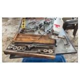Assorted tools, including pipe threader