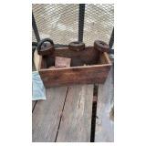 Vintage wood box hose, sad irons pulley,