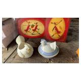 Chicken planter, covered chicken bowl and two