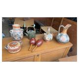 Mexican pottery and maracas, handle is broken on