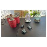 (2) Hummingbird glass feeders, (3) Ceramic
