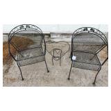 Two iron chairs, and plant holder