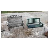 Metal glider and wooden porch swing