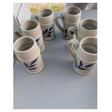 6 steins, salt glazed pottery with blue leaf, Will