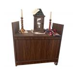 Wooden Cabinet on Wheels 2 Olive Wood Candle Holders With a Wood Lantern 16 Inches Tall