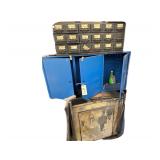 3 Cabinets and Contents - Base Cabinet Has Some C-Clamps and Misc. - 3 Door Blue Hardware/Tool Cabinet w/ Adjustable Drawers - 18 Drawer Machine Parts Cabinet
