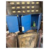 3 Cabinets and Contents - Base Cabinet Has Some C-Clamps and Misc. - 3 Door Blue Hardware/Tool Cabinet w/ Adjustable Drawers - 18 Drawer Machine Parts Cabinet