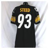 Pittsburgh Steelers #93 Joel Steed Game Used Home Jersey. Nike jersey used by defensive lineman Joel Steed. Jersey has a 1997 year tag. Jersey has several team repairs, scrapes, transfer, loose thread