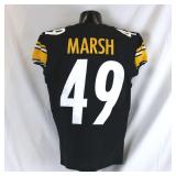 Pittsburgh Steelers #49 Cassius Marsh Game Used Preseason Home Jersey. Nike home jersey worn by linebacker Cassius Marsh during the 2021 NFL preseason. Jersey features the COVID tracker pouch, stains,