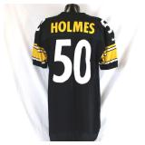 Pittsburgh Steelers #50 Earl Holmes Game Used Home Jersey. Nike jersey used by linebacker Earl Holmes. Jersey has a 1997 year tag. Jersey has several team repairs, loose threads, stains, scrapes and o