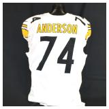 Pittsburgh Steelers #74 Spencer Anderson Game Used Away Jersey. Nike away jersey worn by offensive lineman Spencer Anderson for the September 29, 2024 game against the Indianapolis Colts at Lucas Oil 