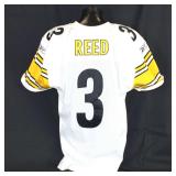 Pittsburgh Steelers #3 Jeff Reed Game Used Away Jersey. Reebok away jersey used by kicker Jeff Reed. Jersey has a 2003 year tag and has a large team repair, stains and transfer, loose threads and othe