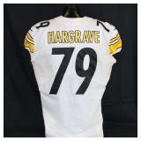 Pittsburgh Steelers #79 Javon Hargrave Game Used Away Jersey and Pants Set. Game Used unlaundered Nike away jersey and gold pants worn by defensive lineman Javon Hargrave for the 2019 season ending ga