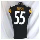 Pittsburgh Steelers #55 Devin Bush Game Used Home Jersey. Nike home unlaundered jersey worn by linebacker Devin Bush for the January 8, 2023 home game against the Cleveland Browns at Acrisure Stadium.